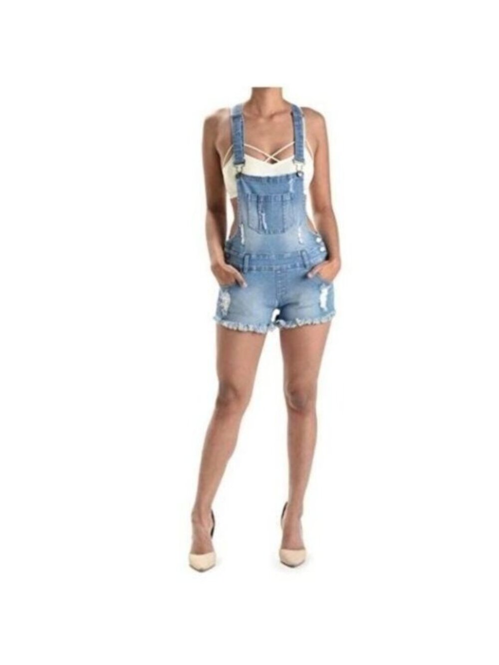 American Bazi Light Blue Distressed Denim Overalls